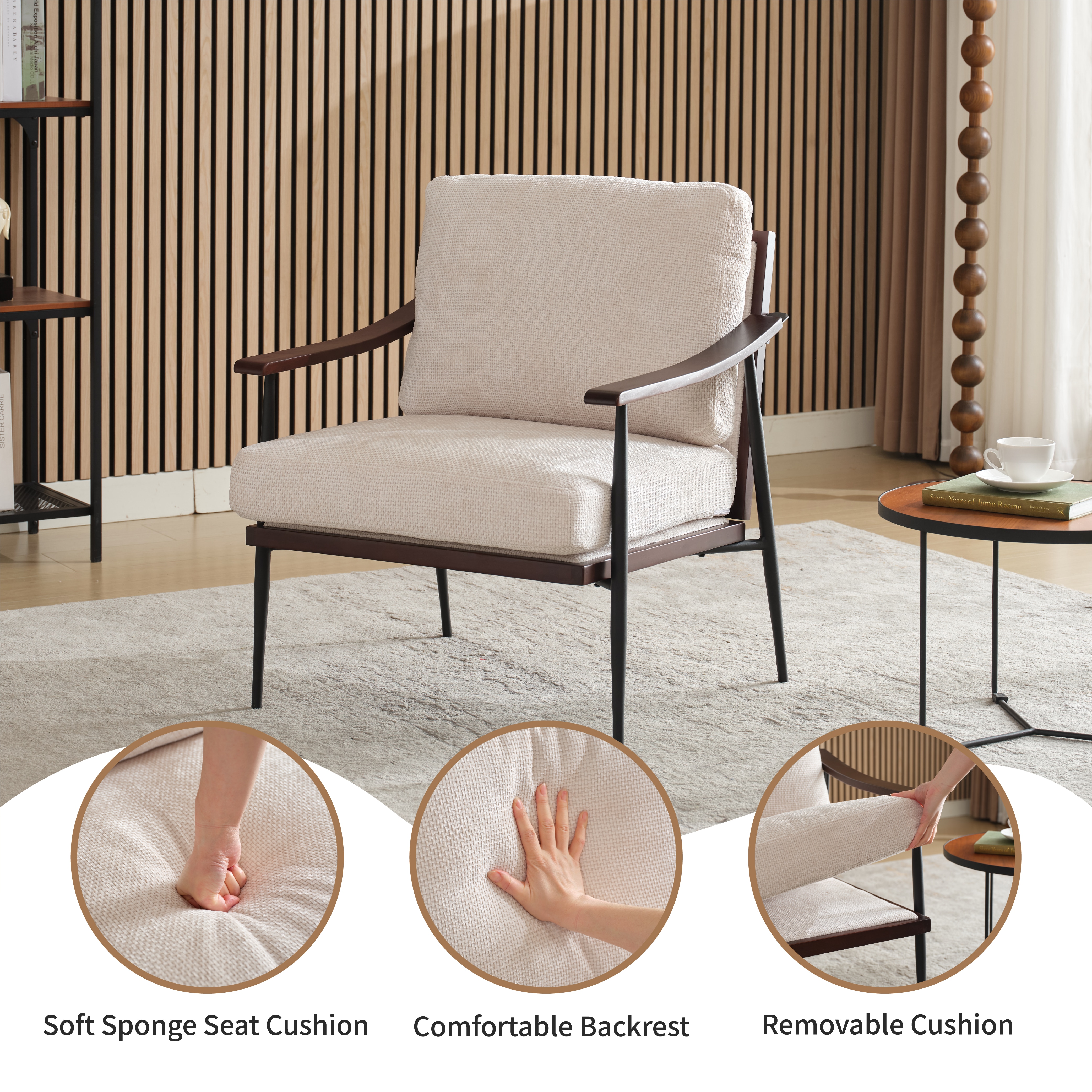 Modern Accent Chair, Mid Century Modern Accent Chairs, Linen Fabric Arm Chair With Wood Armrests, Upholstered Leisure Chair For Living Room, Bedroom, Reception Room, White_maomaolike.com